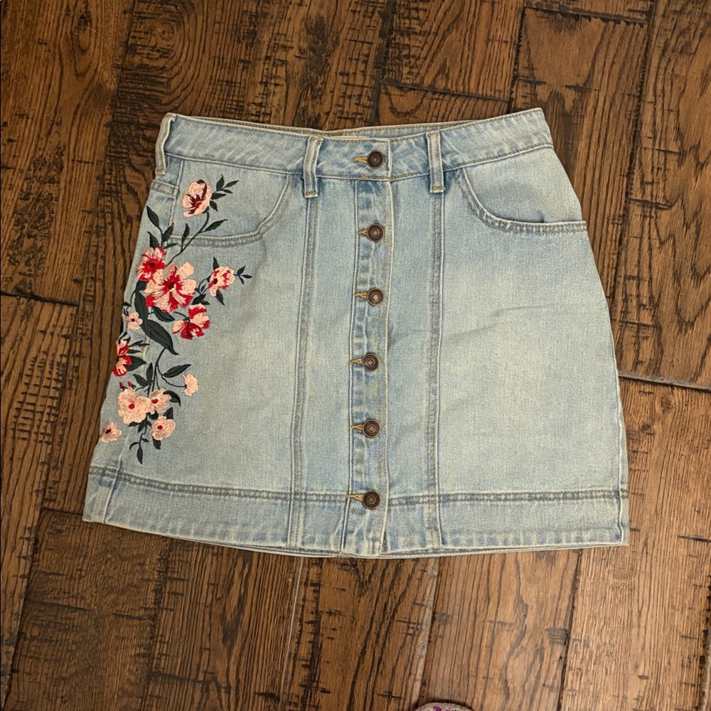 PacSun Light Blue Denim Mini Skirt with Floral Embroidery